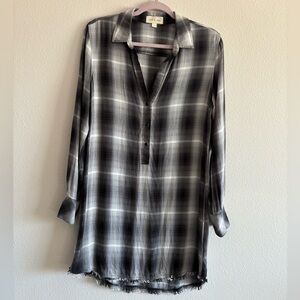 Cloth & Stone Tunic Top Plaid Split-Neck Women’s Small Black/White/Grey Boho